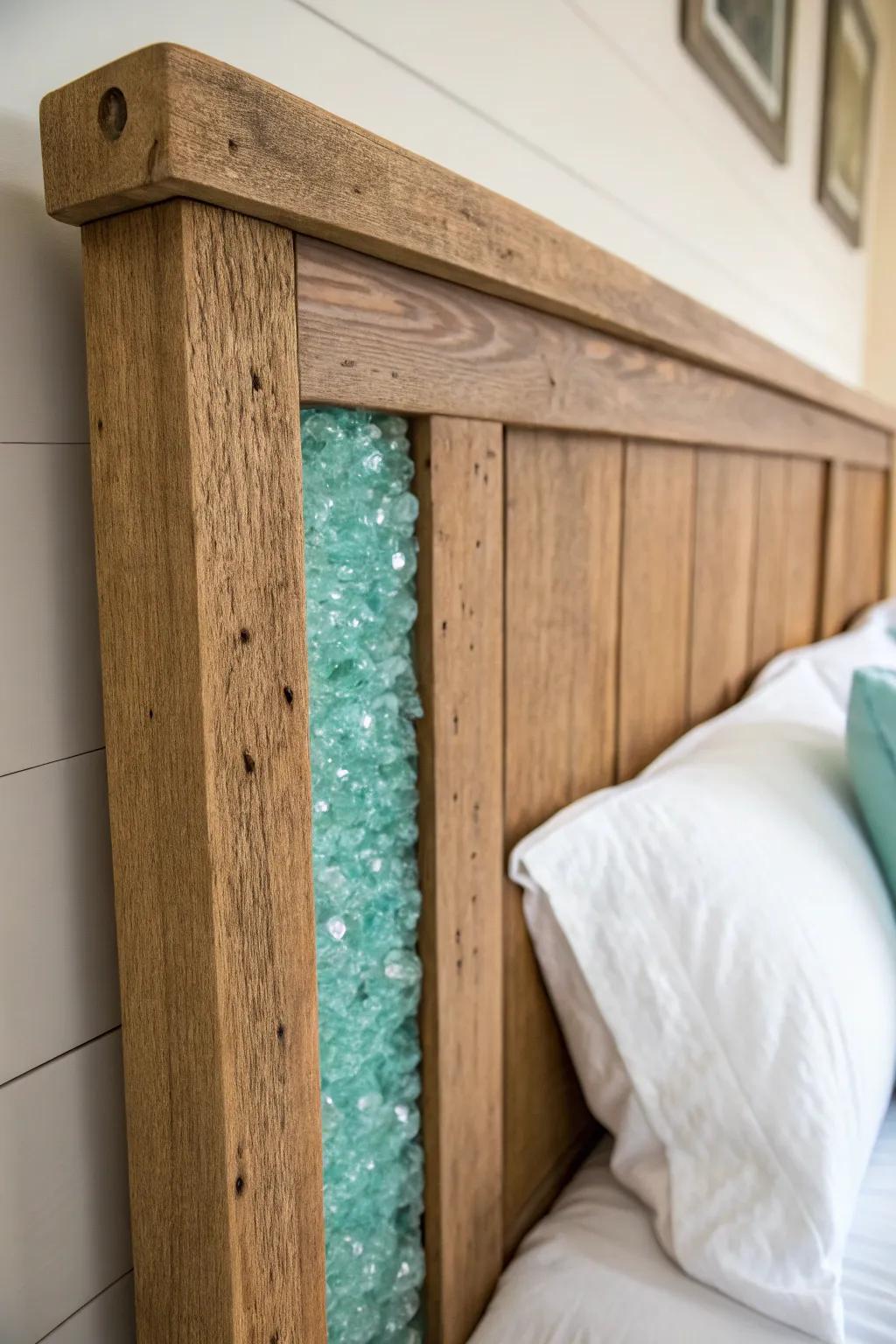 Rustic reclaimed wood meets a shimmering sea-glass resin inset—coastal farmhouse drama in one detail.