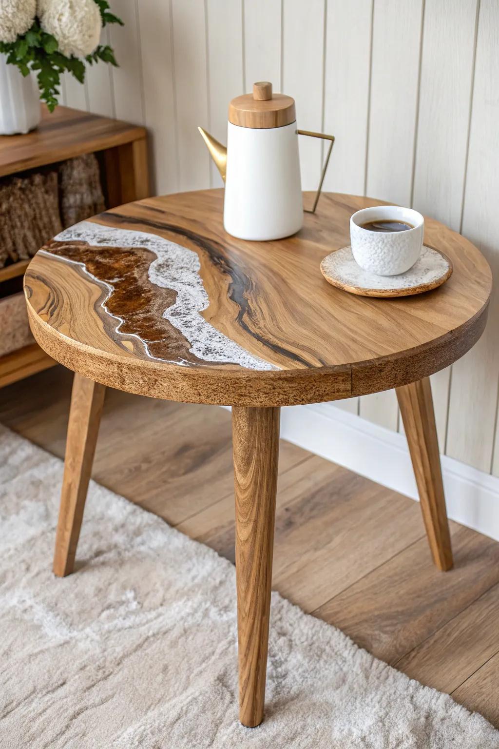 A resin “coffee spill” inlay turns this minimalist oak tabletop into bold, functional art.