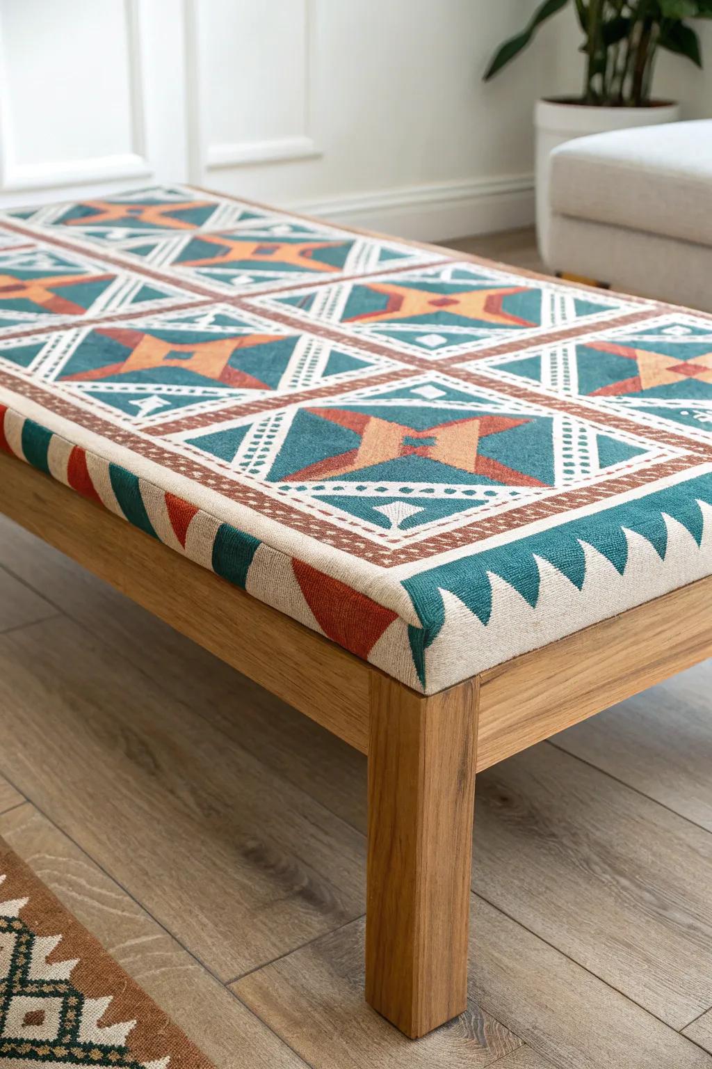 A resin-sealed fabric topper board: bold pattern, glossy protection, crafted wood edges.