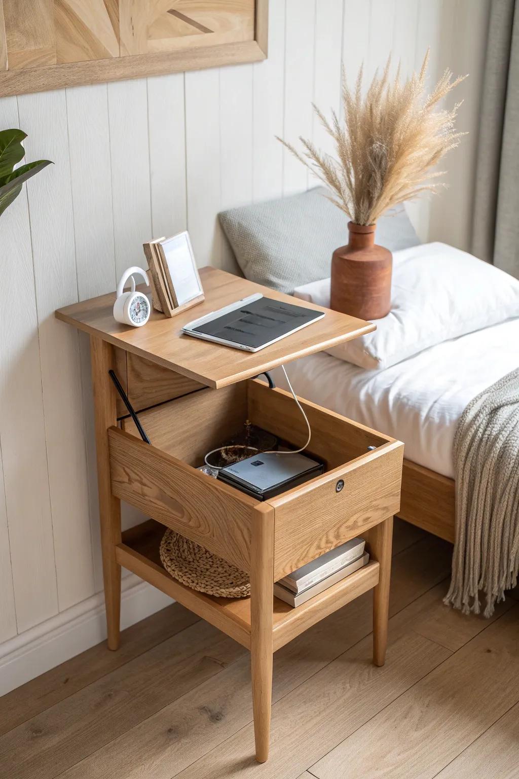 Lift-top bedroom console: hidden linen storage with clean Scandinavian style and boho warmth.