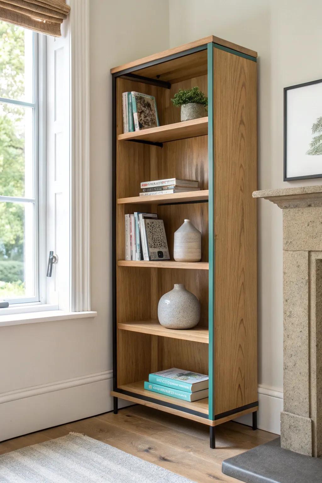A bold mixed-material corner library: oak shelves, black metal supports, and a resin pop.