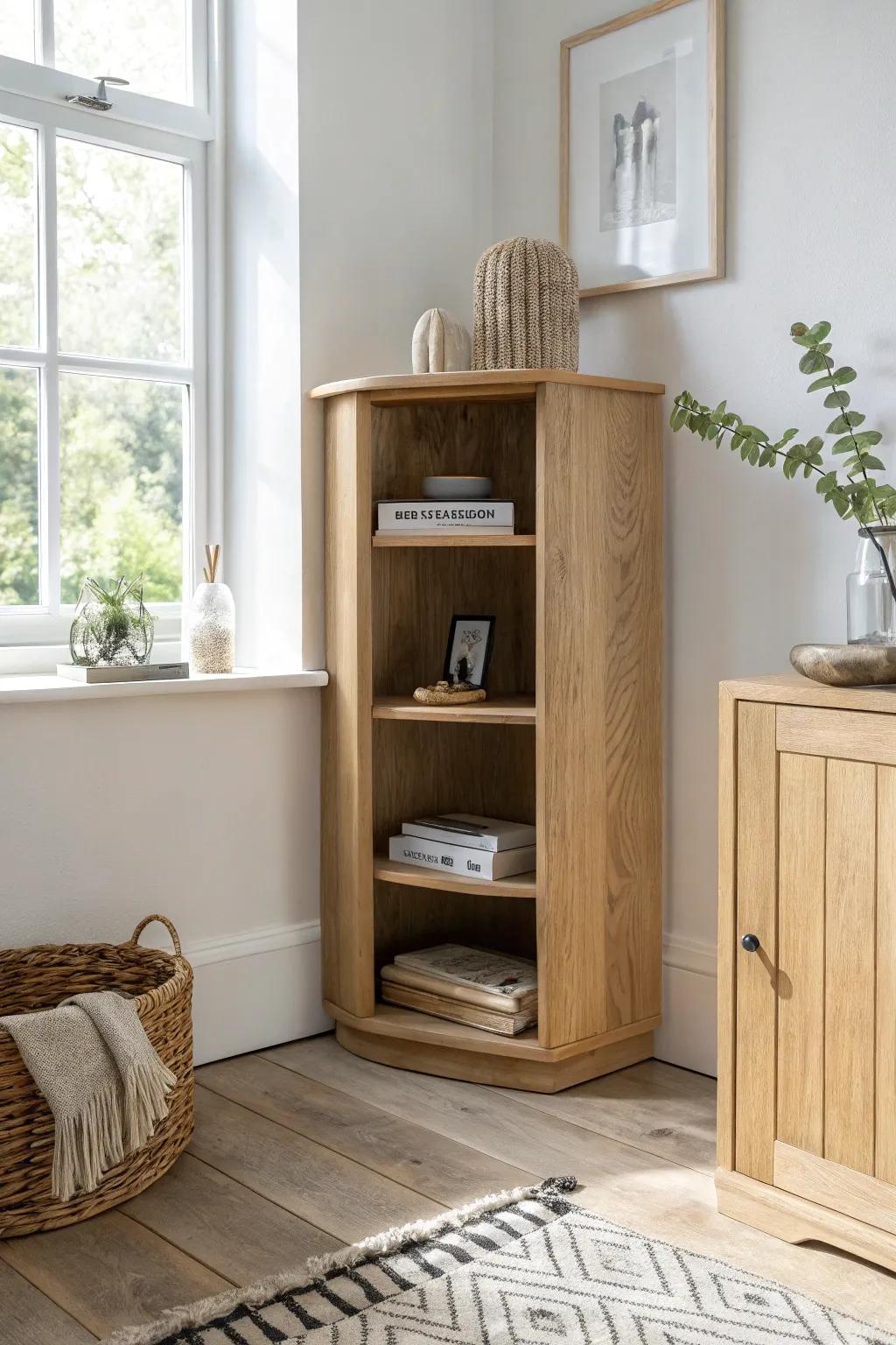 A swiveling oak corner shelf that pivots open to reveal sleek hidden storage—wow factor included.
