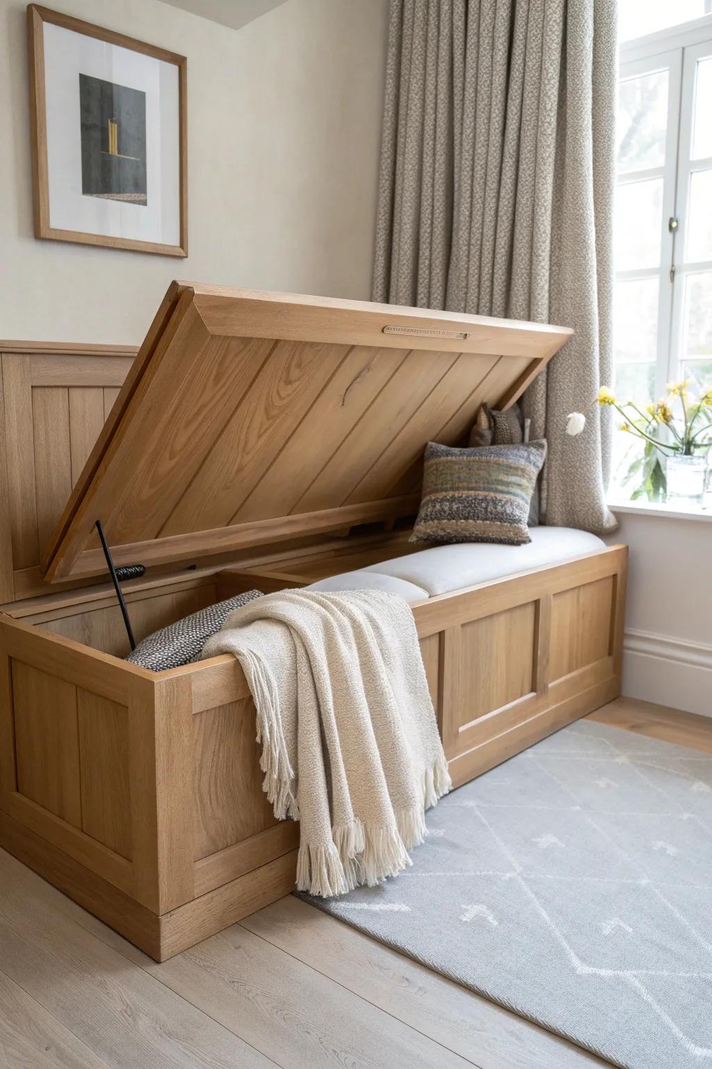 A secret corner hideaway: lift-top oak storage bench + canopy for a cozy reading cave.