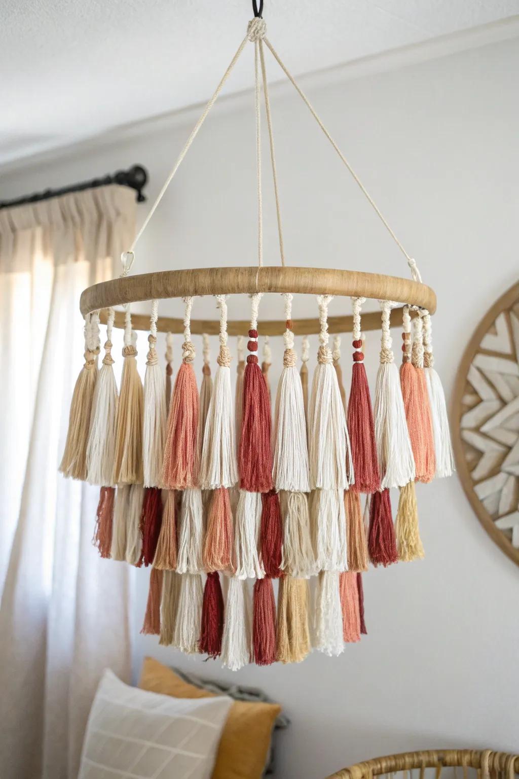 Soft linen-and-scrap tassel chandelier with a light oak hoop—cottage cozy with bold accents.