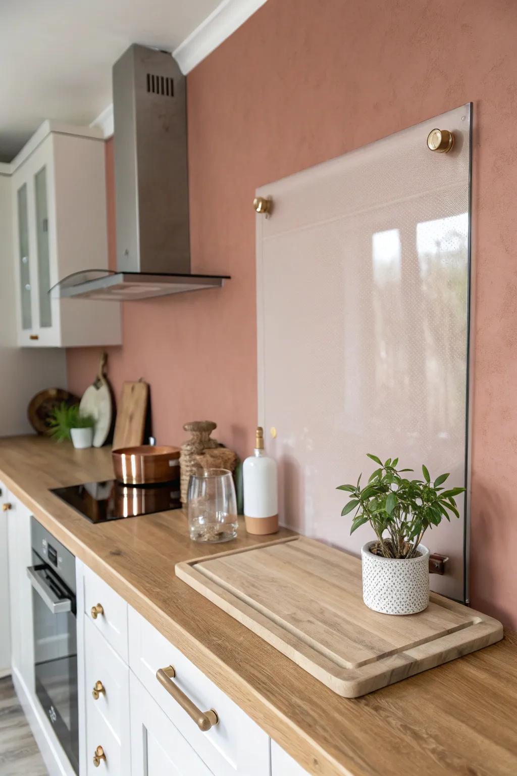 Glass panel over dusty painted plaster: a cottage backsplash that wipes clean and lets you change color anytime.