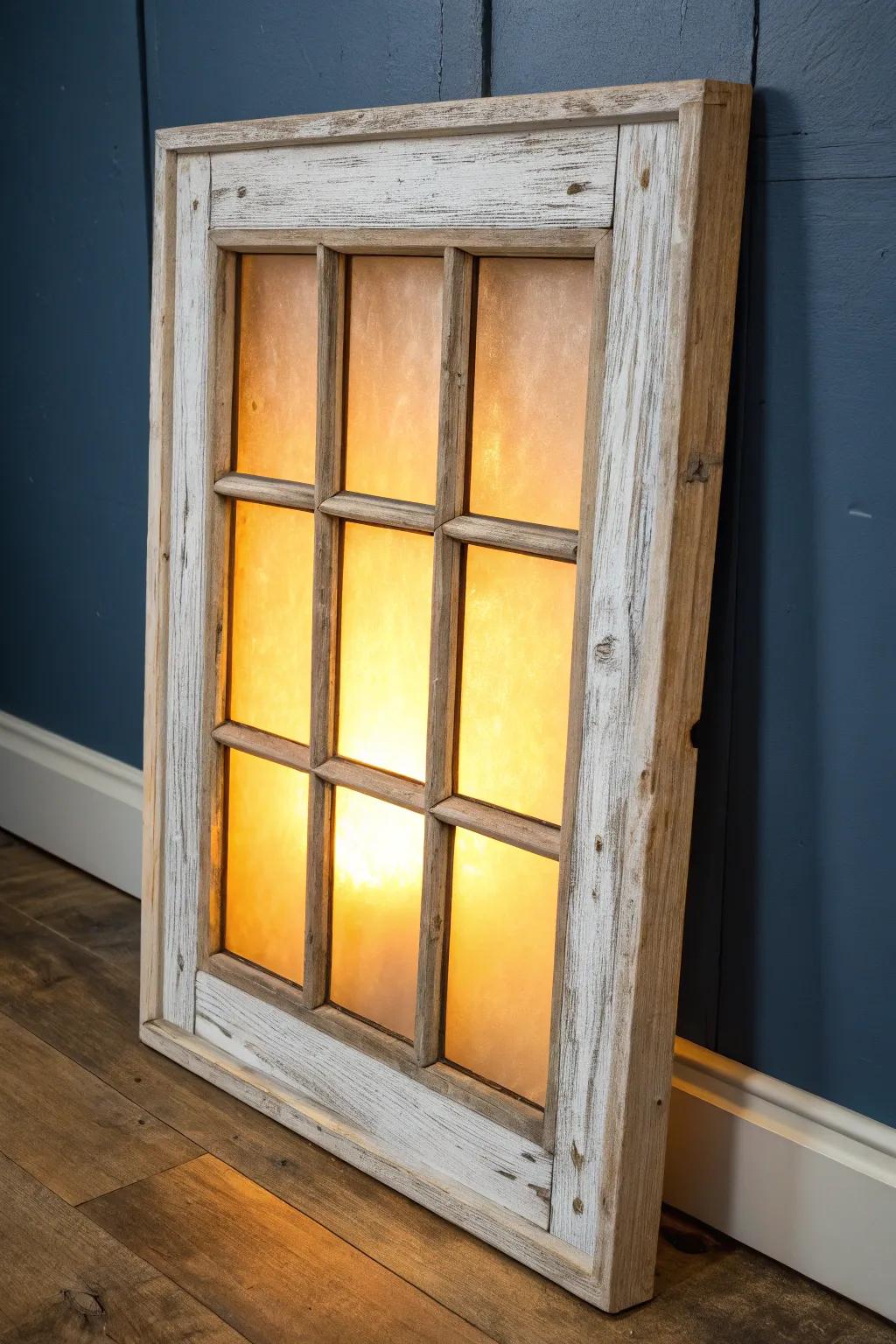 Add cottage glow anywhere: a salvaged wood window frame with a softly lit backing panel.