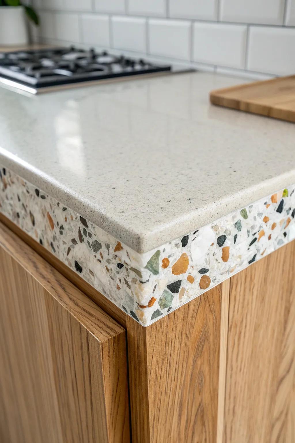 A clear resin edge with embedded stone chips turns your countertop trim into a tiny art piece.