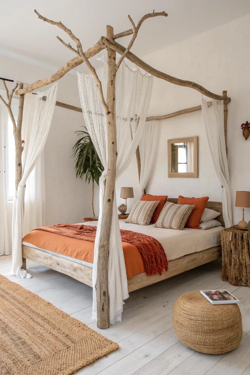 Coastal cozy: a driftwood canopy frame that turns your bed into a bright, natural nest.