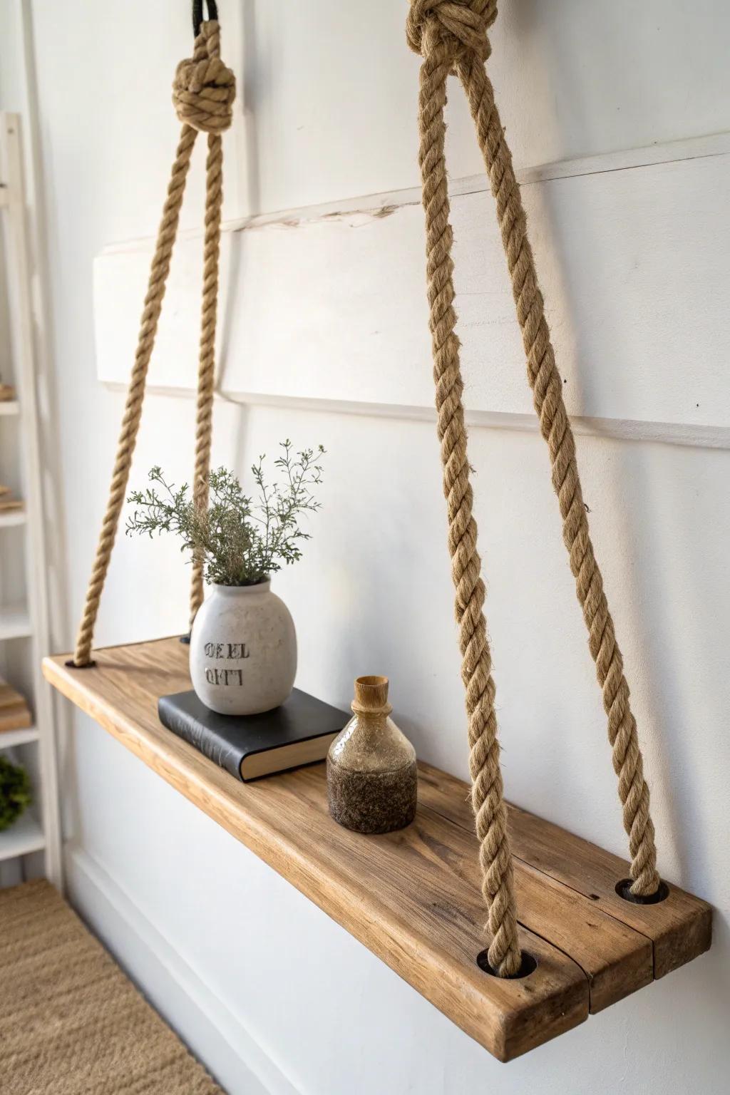 Ceiling-hung rope shelf: airy, space-saving, and crafted from thick wood with minimalist boho charm.