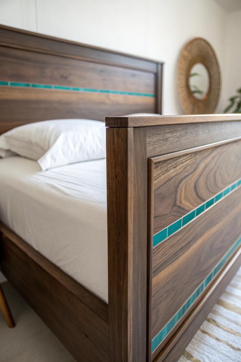 Dark walnut bed frame with a slim teal resin inlay—minimal, bold, and beautifully handcrafted.