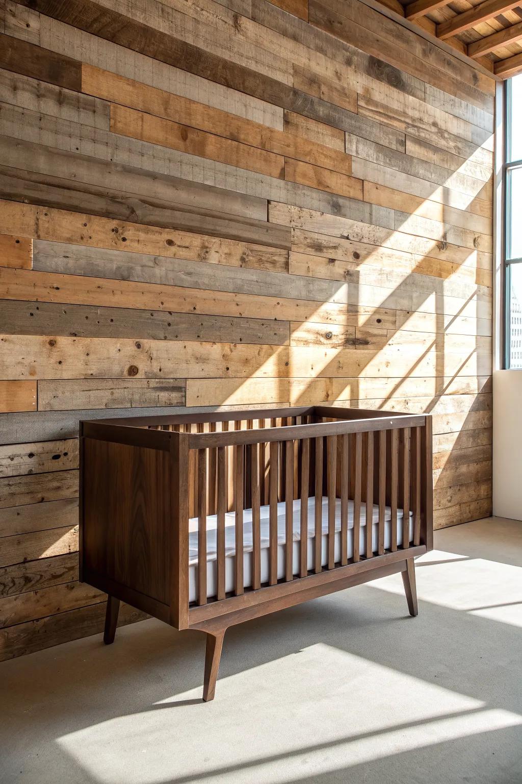 Dark brown crib against a reclaimed wood slat wall—high-contrast warmth with wow energy.