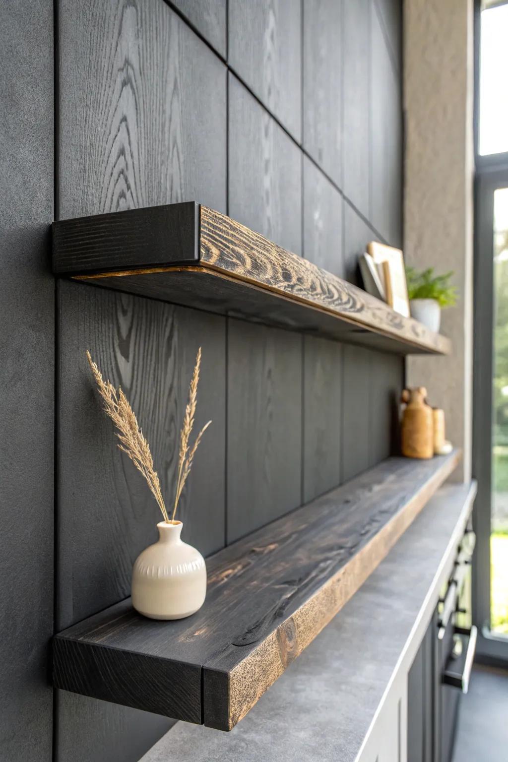 Charred wood shelf detail brings smoky warmth and drama to sleek dark cabinets.