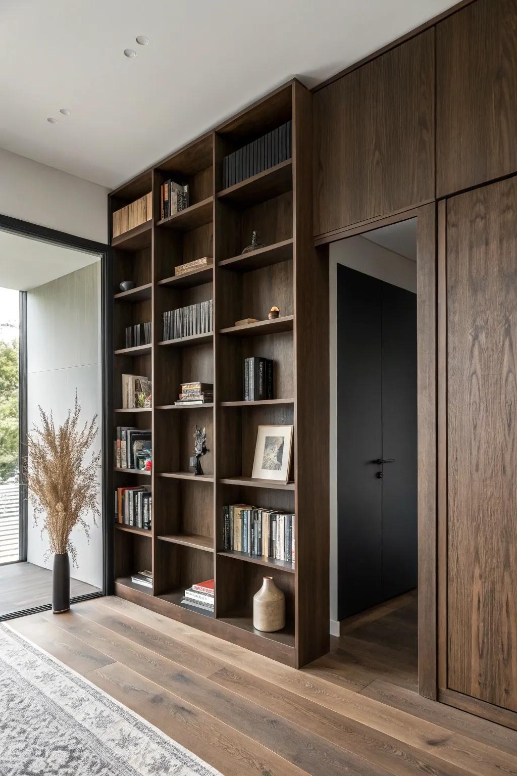 A bookcase that doubles as a secret door—handcrafted walnut drama for a dark man cave.