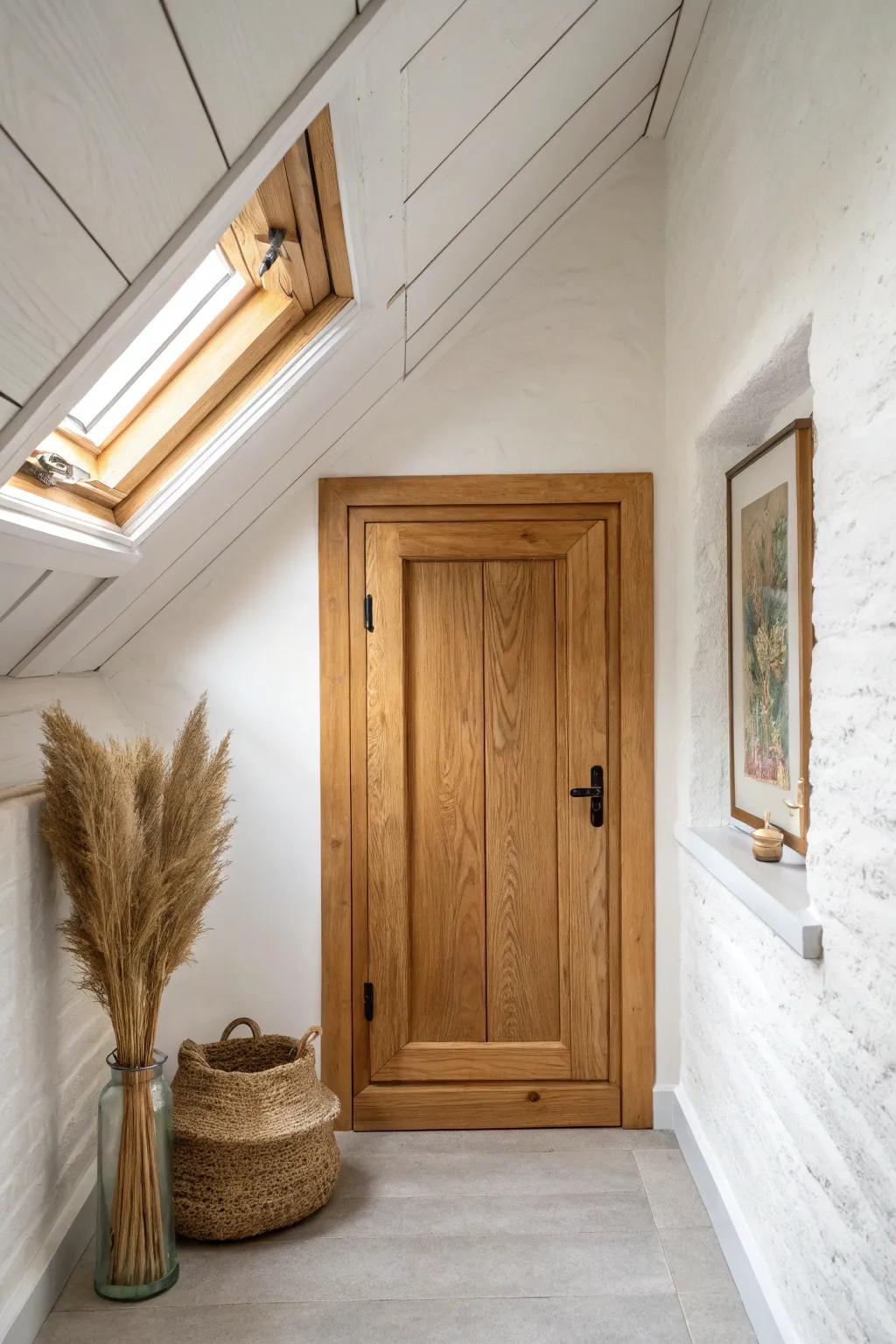 Turn an attic hatch into a design moment with crisp wood picture-frame molding.