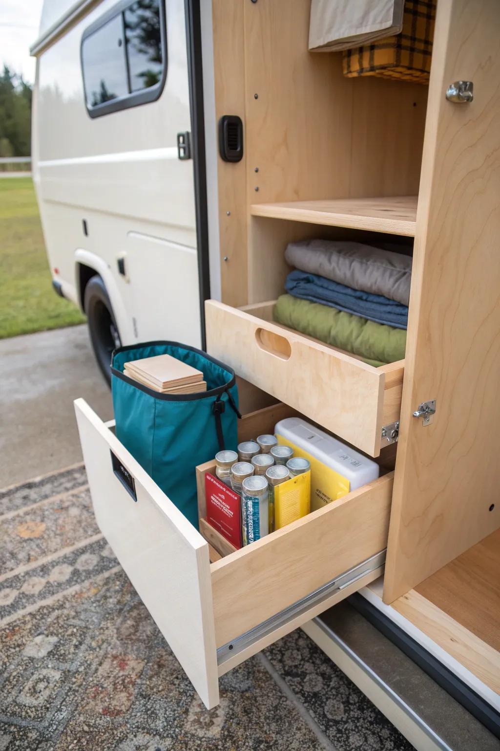 Sneaky false-back panel turns a deep RV pantry into two layers of slim, hidden storage.