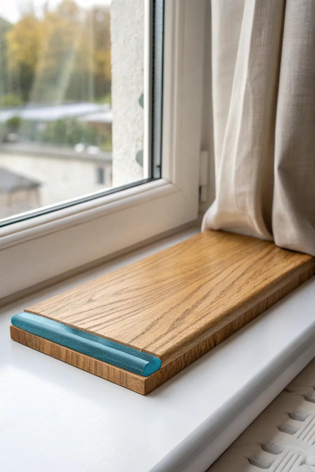 Deep window sill topper with a sleek teal resin inlay—minimal, removable, and artful.