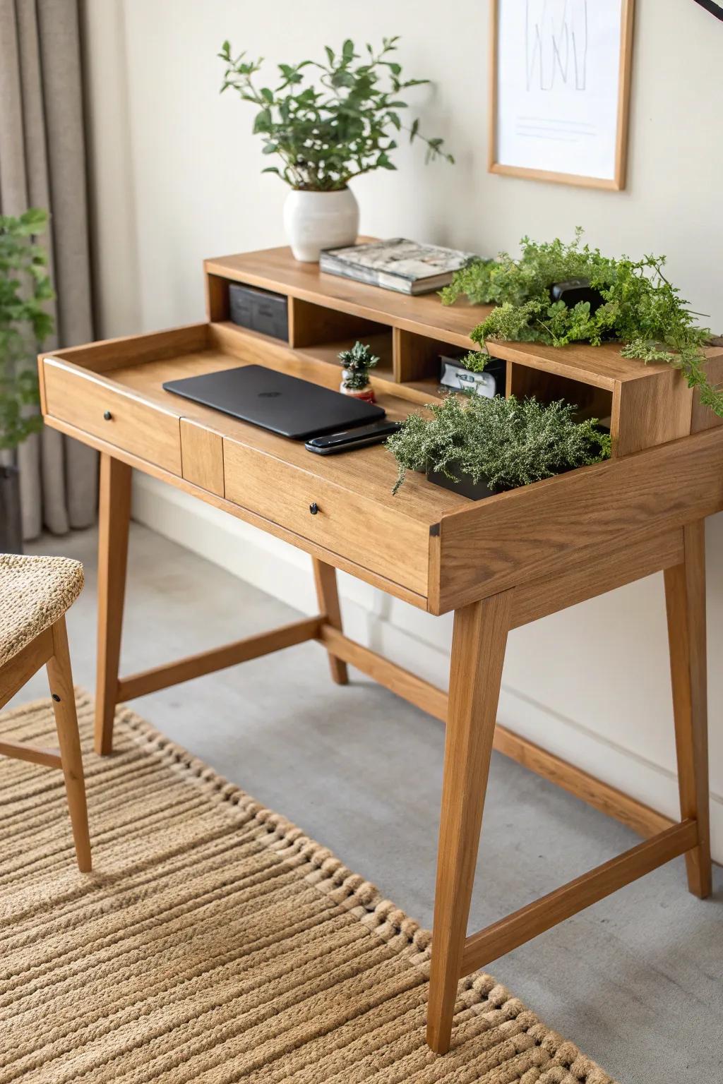 A minimalist wood desk with a removable planter trough—fresh greenery without losing workspace.