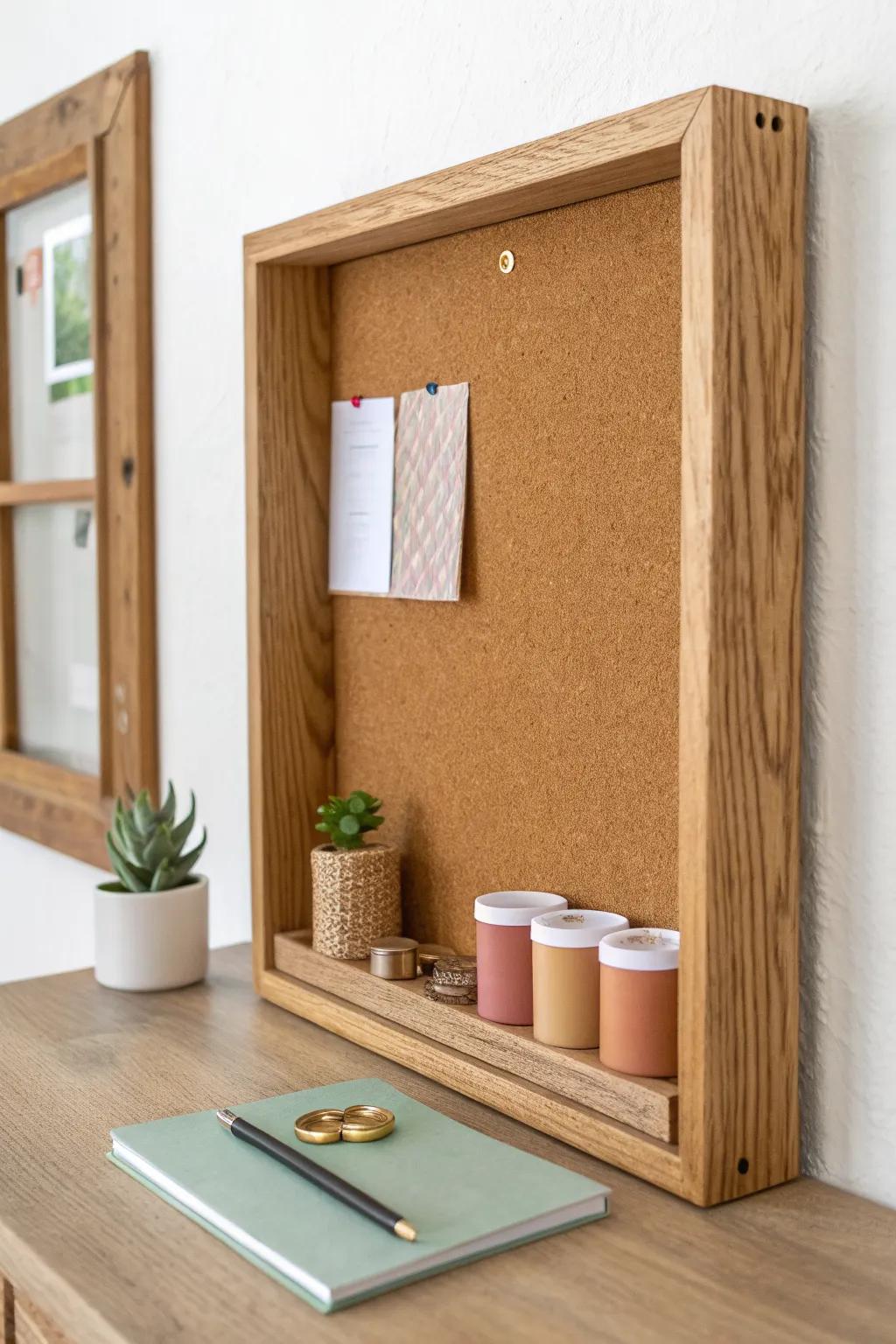 A deep wood shadow box board with tiny shelves—planning wall meets statement piece.