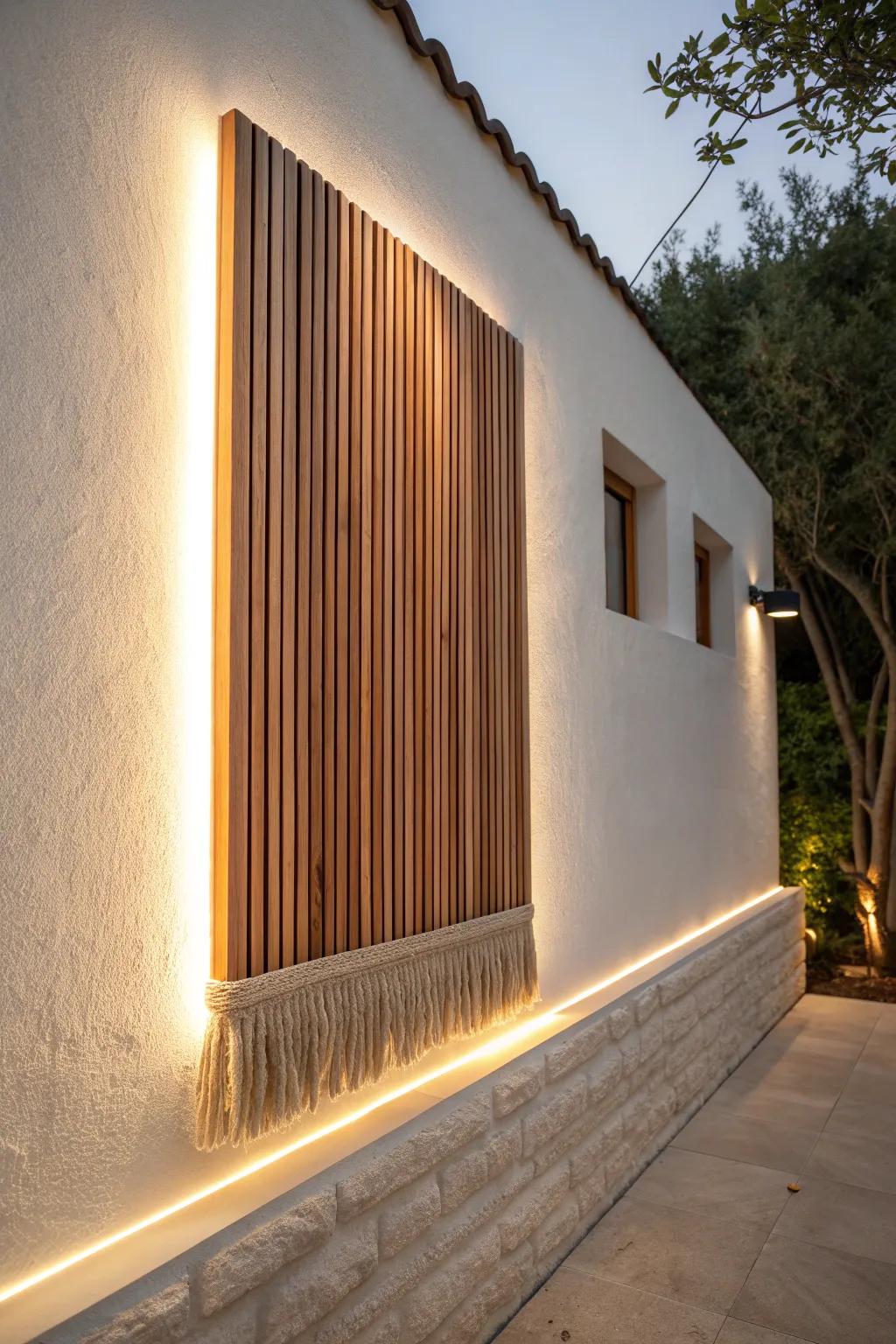 Warm backlit oak slat paneling adds a soft halo glow—minimal, cozy, and striking.