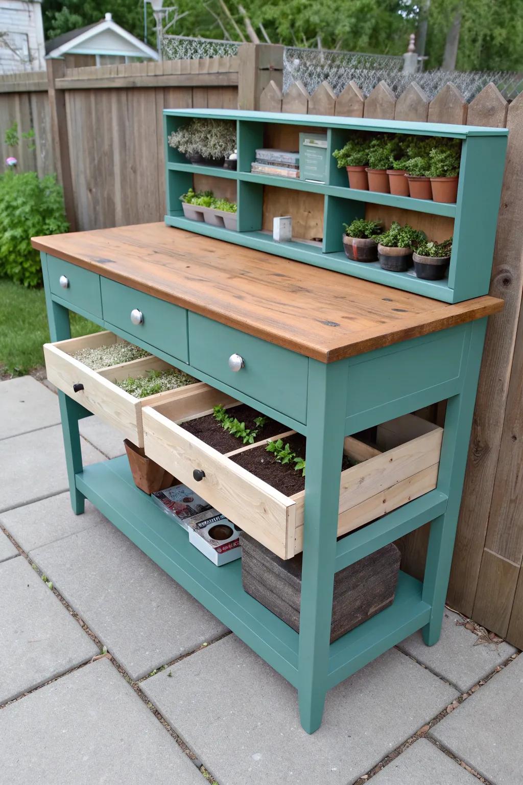 Upcycled dresser potting bench—open shelves, hooks, and drawers ready for garden days.