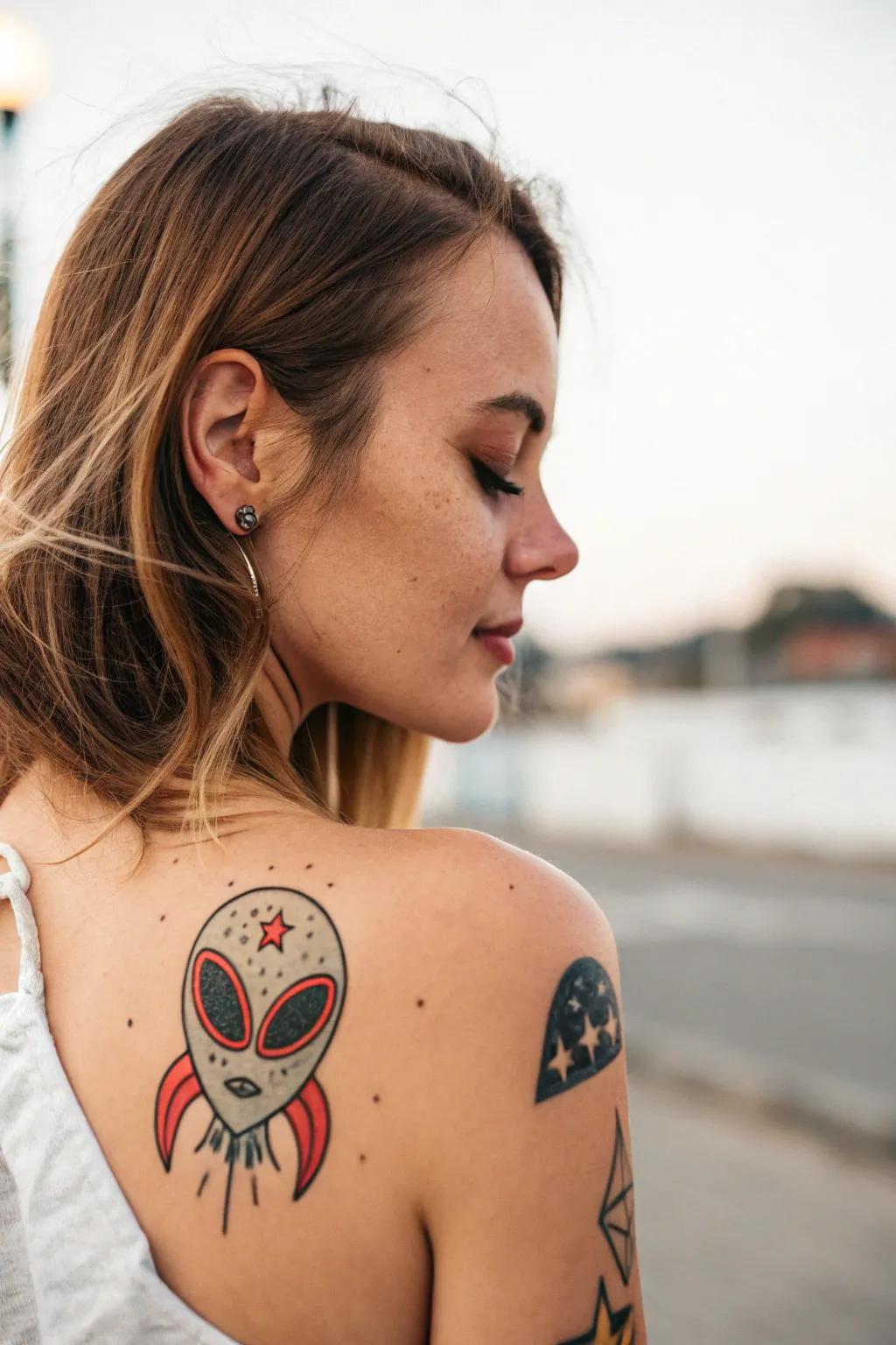 Explore your creativity with a quirky alien tattoo—where minimalism meets cosmic curiosity.