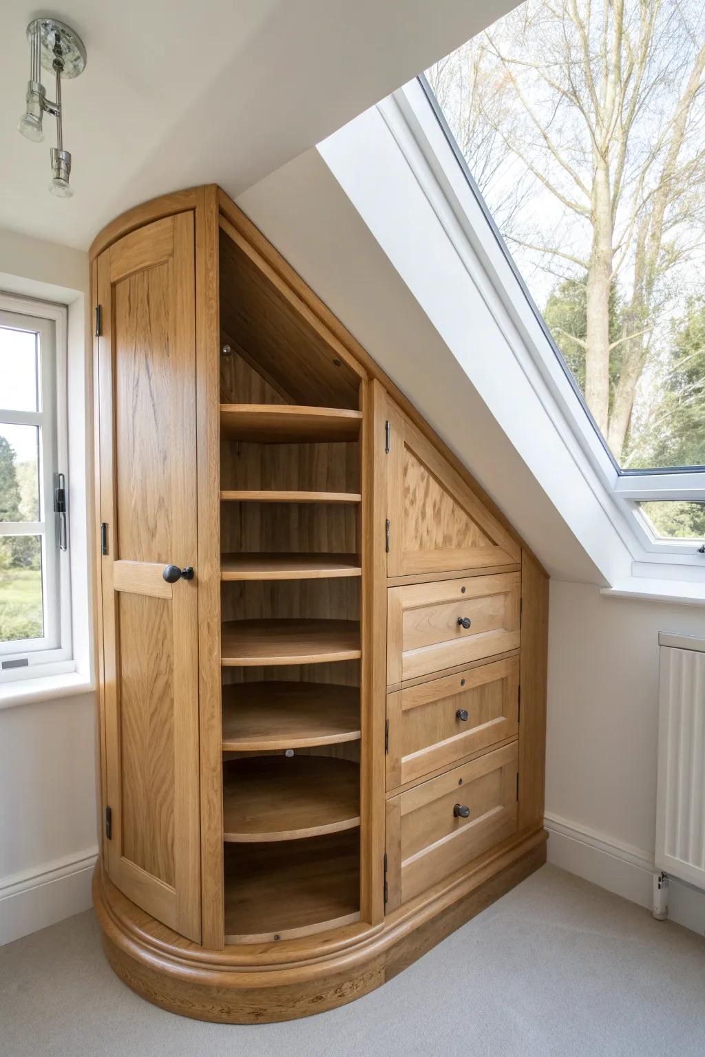 Turn a tricky dormer corner into a wow-worthy lazy carousel—beautiful, grab-and-go storage.