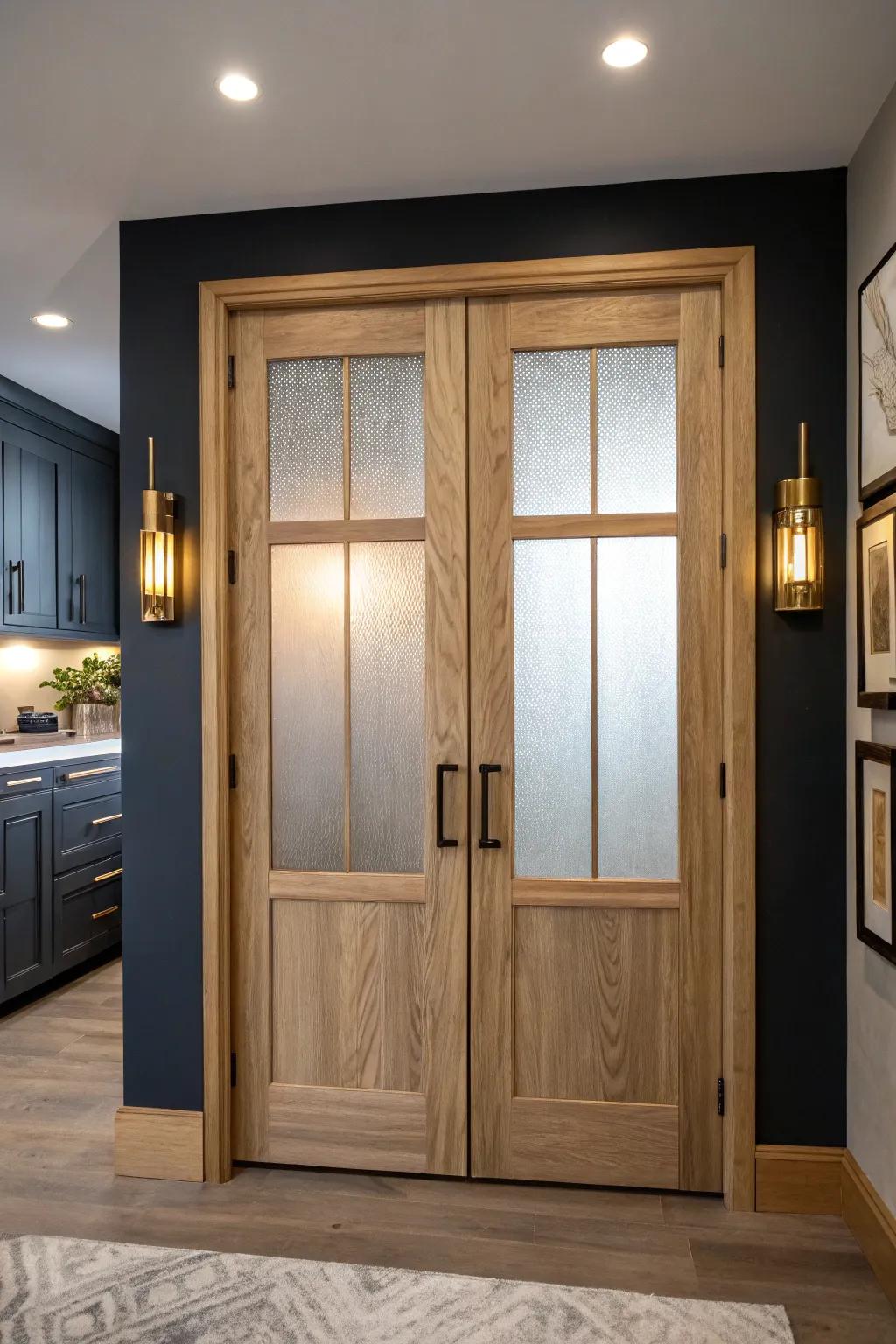 Warm backlit double pantry doors in light oak—minimalist drama with a soft evening glow.