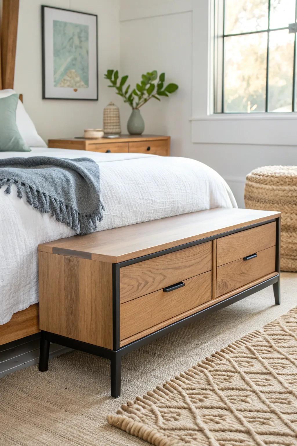 A two-tone wood dresser with slim black metal accents for a custom, modern foot-of-bed look.