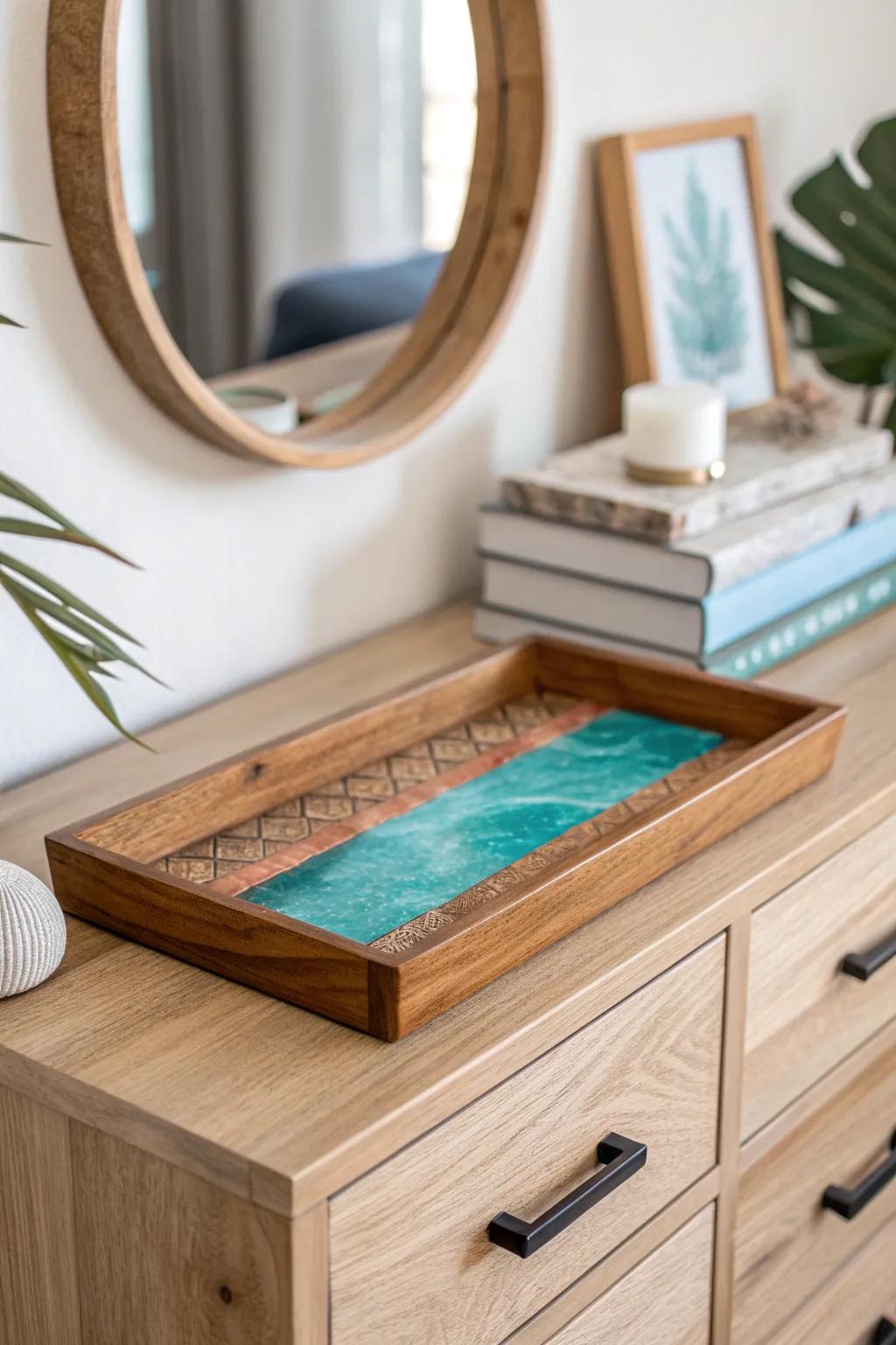 A glossy resin‑and‑wood tray turns a dresser + mirror into a bold, handmade focal point.