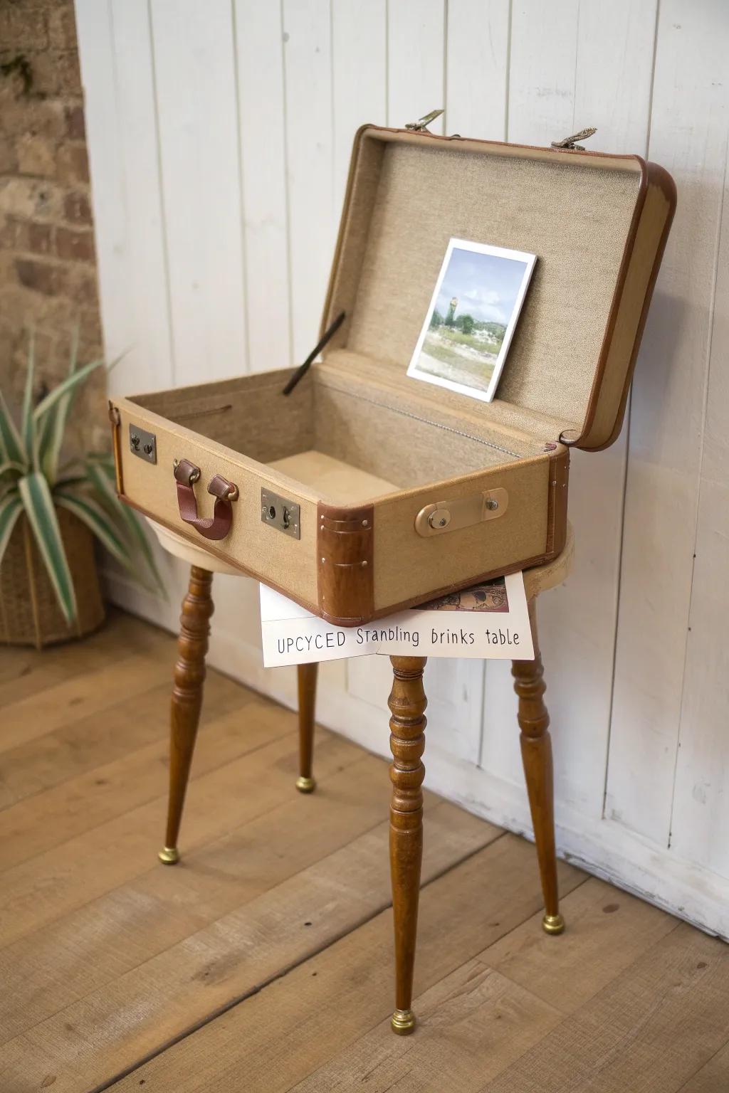 Turn a vintage suitcase into a standing drinks table—minimal, bold, and beautifully practical.