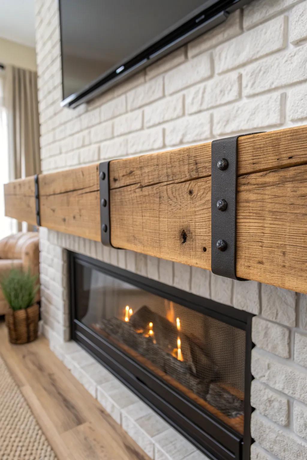 Thick oak mantel + matte black metal straps for a bold, handcrafted electric fireplace look.