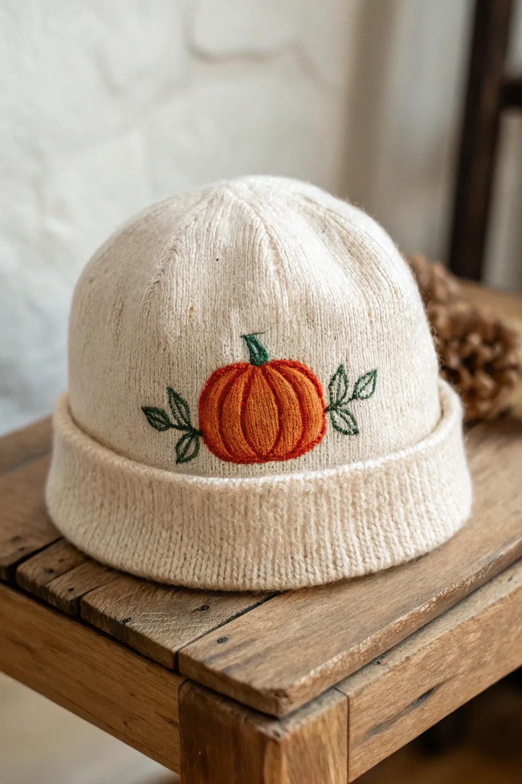 Add a festive flair to your style with this charming pumpkin embroidery.