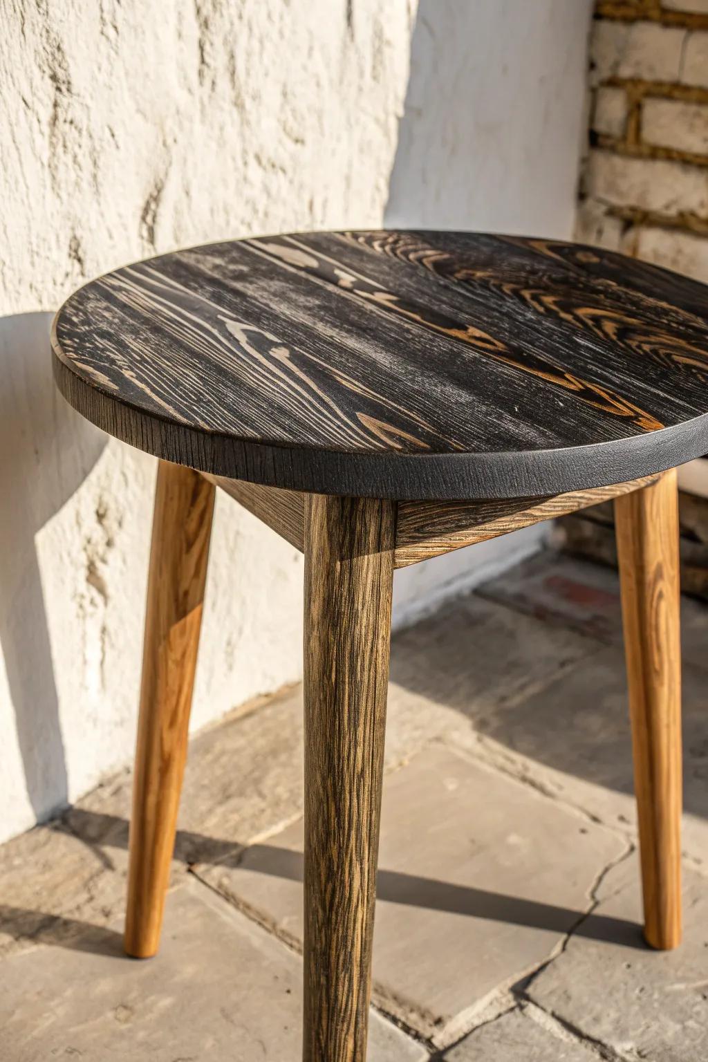Charred wood end-table top: smoky, deeply textured, brush-backed and oiled—made for lingering fingertips.