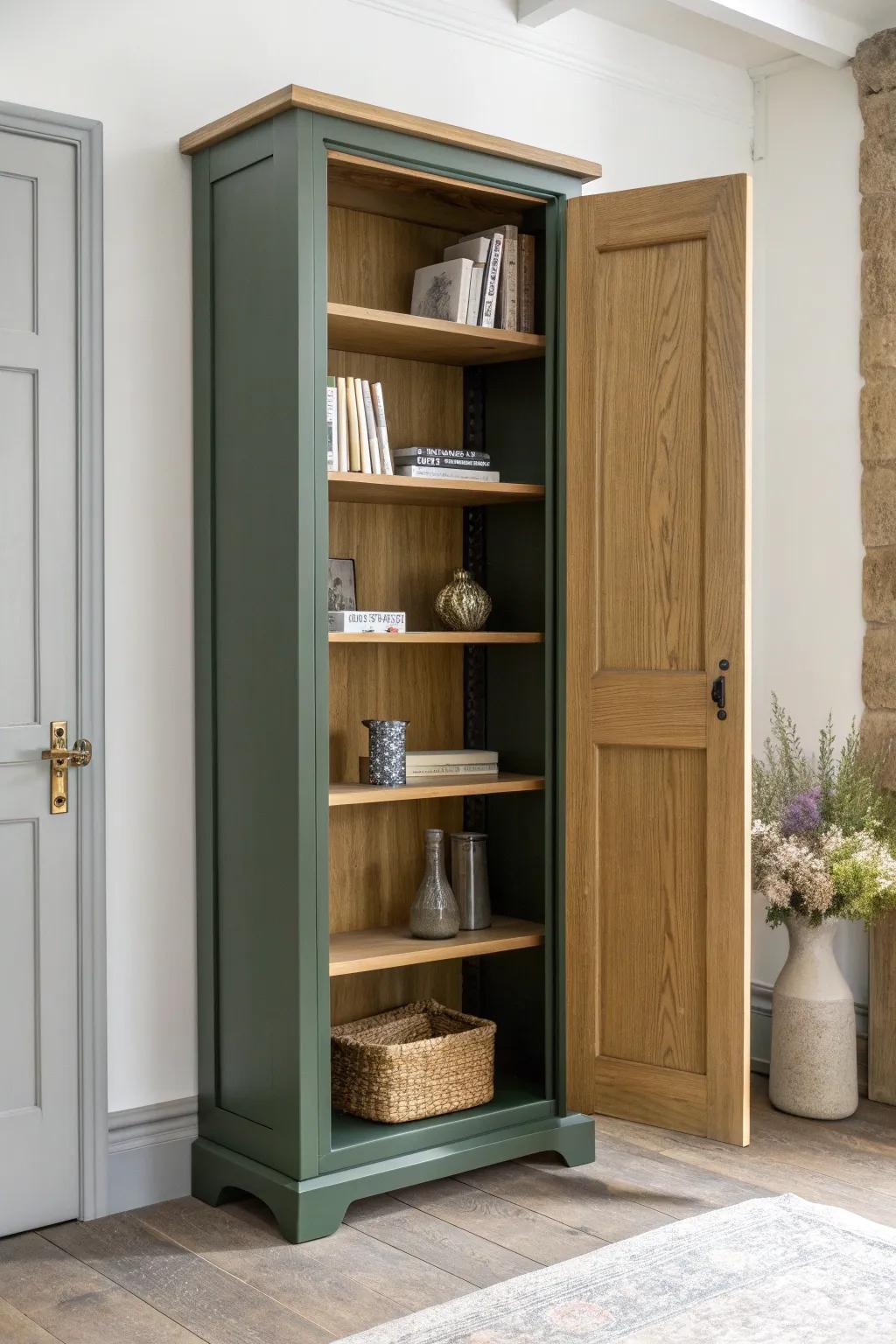 A secret cottage bookcase door—oak shelves that swing open to reveal a hidden nook.