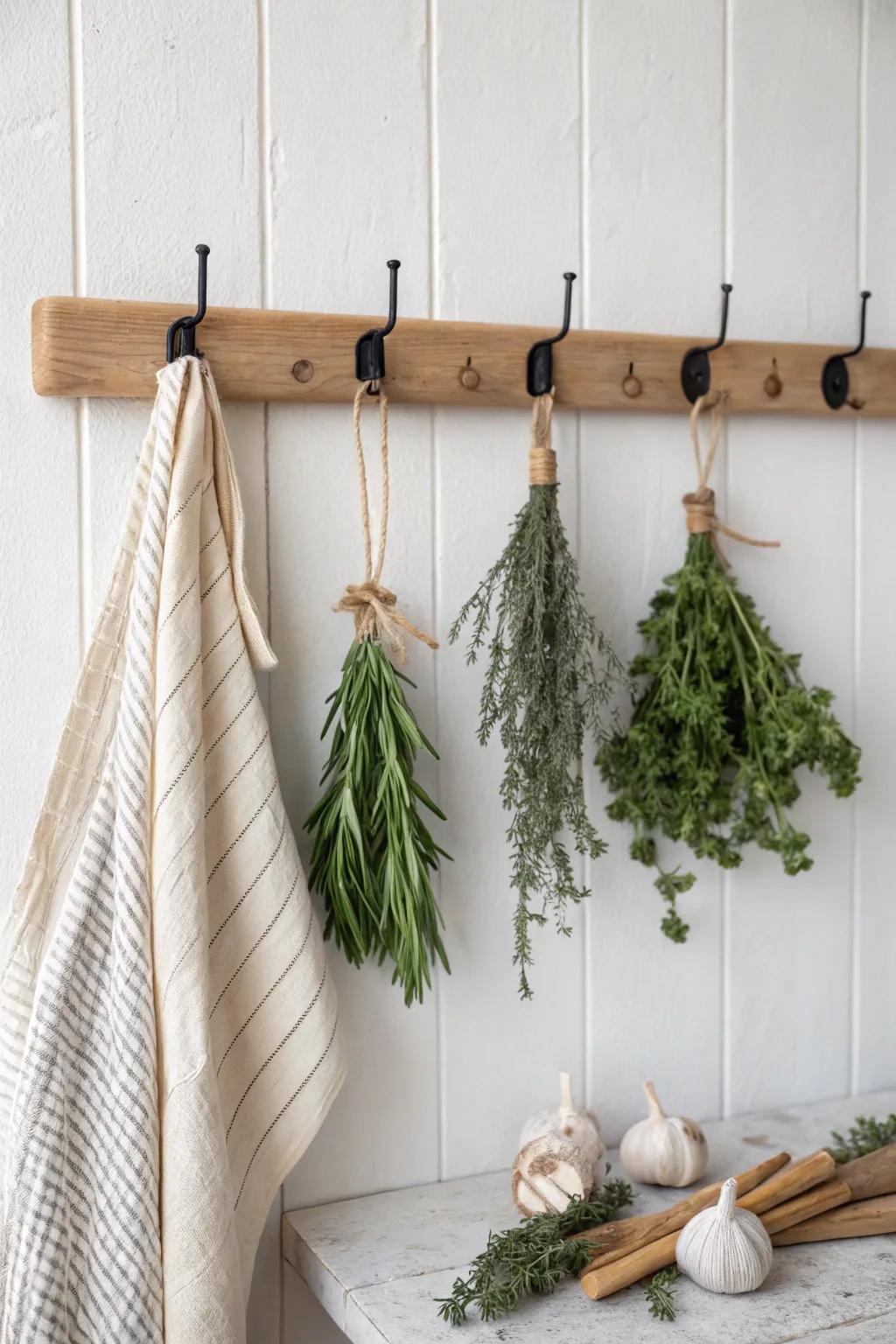 A simple oak beam with tiny hooks turns herbs and garlic into cozy cottage-kitchen magic.