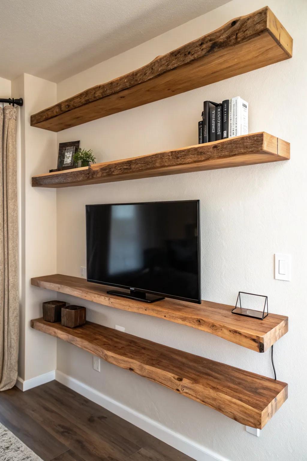 Three matching live-edge shelves add warm, crafted character beneath a sleek wall-mounted TV.