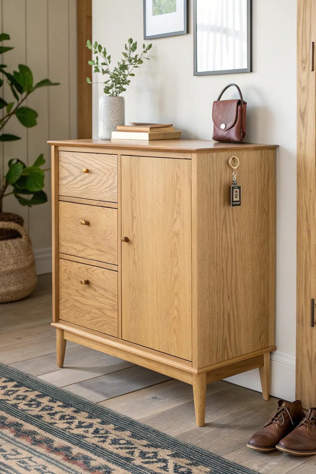 A sleek oak entryway cabinet with a hidden toe-kick drawer—secret storage, big wow-factor.