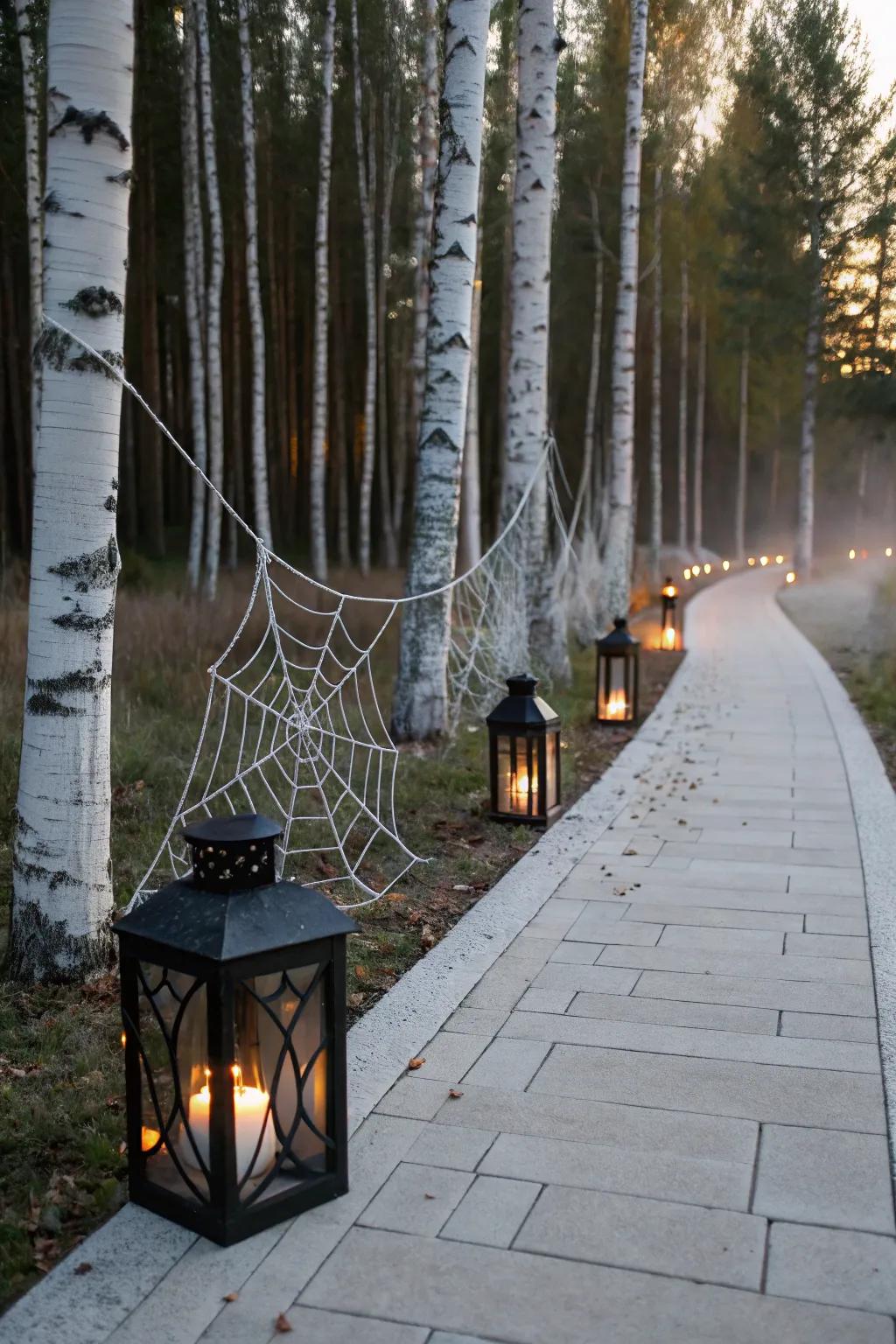 Transform your walkway into a webbed wonderland with these ethereal spiderwebs—perfect for a hauntingly beautiful welcome!