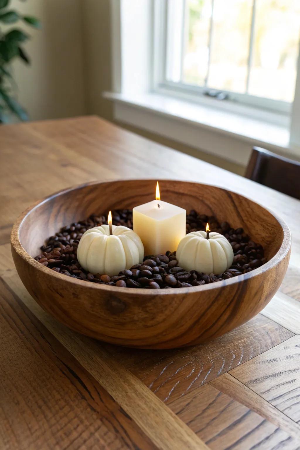 Coffee beans + candle glow in a wooden bowl—minimal fall warmth with a cozy scent.