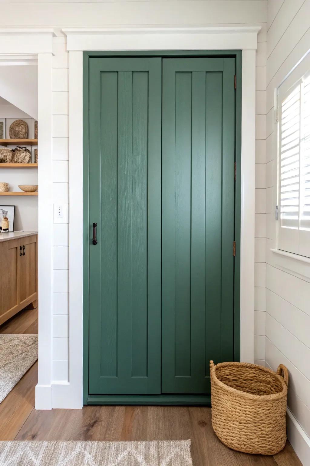 A hidden pantry-style closet door that reads like a built-in wall—farmhouse trim magic.