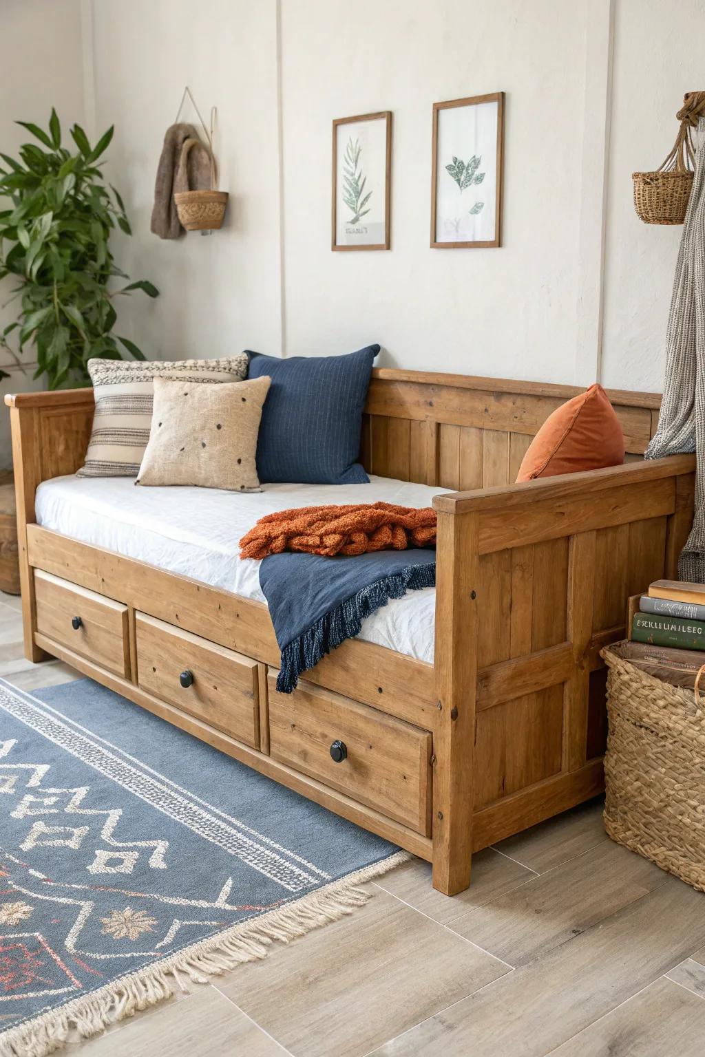 Rustic farmhouse daybed gets a coastal upgrade with hand-wrapped rope posts and drawer pulls.