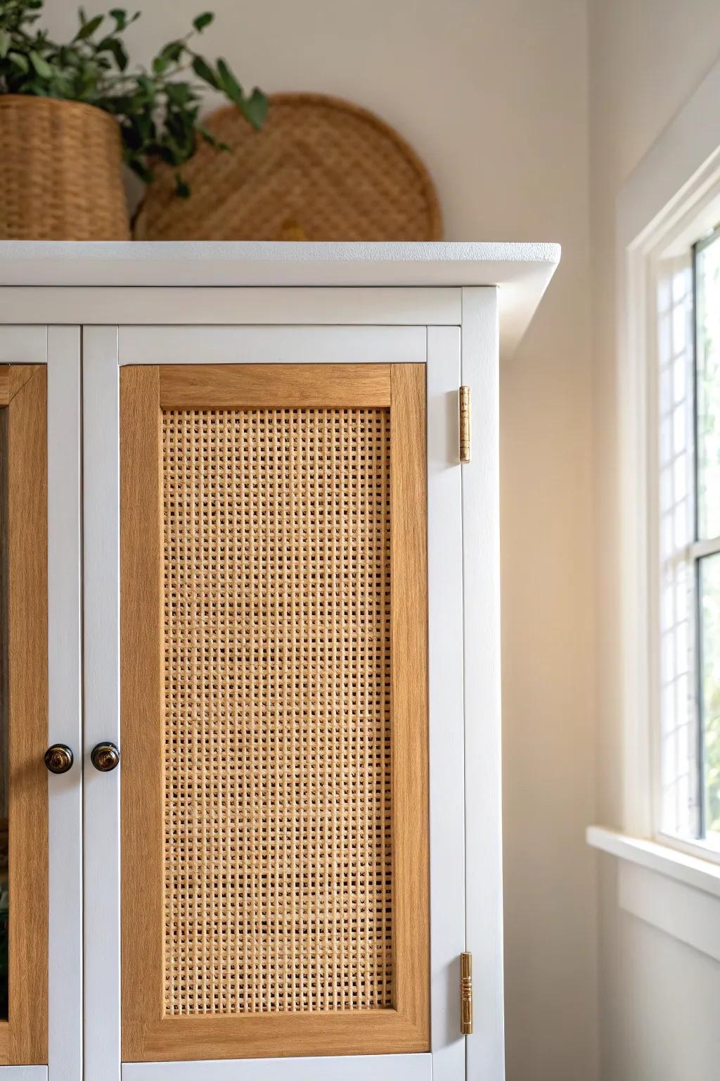 Cane-webbed shaker door: airy texture that instantly elevates a farmhouse kitchen moment.