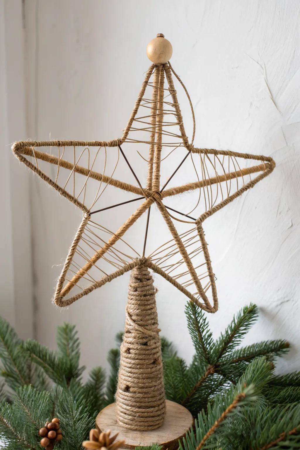 Twine-wrapped wire star with tiny wood beads—an effortless farmhouse topper with handmade charm.