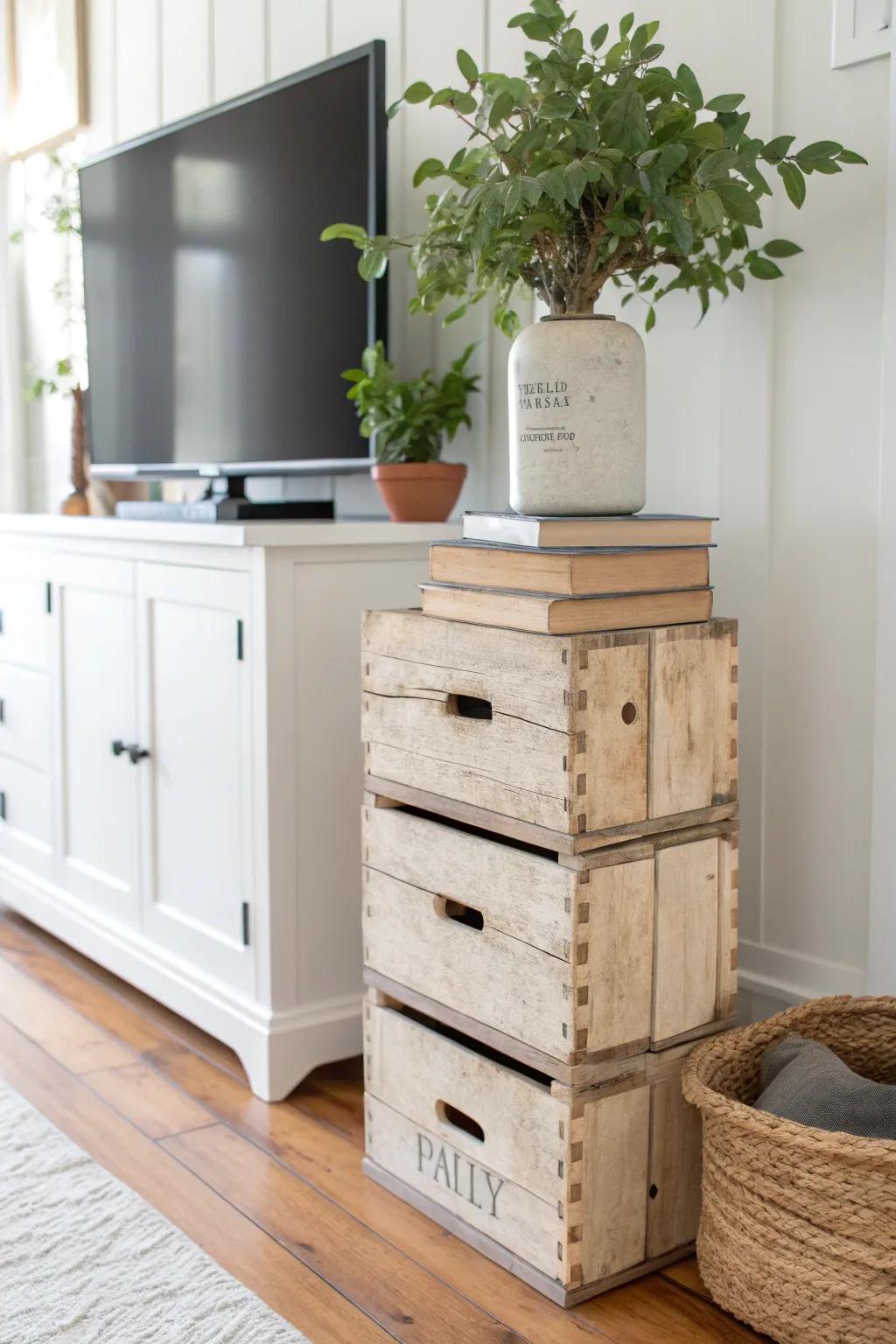 Stacked salvaged crates add rustic texture and a cozy book-and-plant moment by the TV stand.