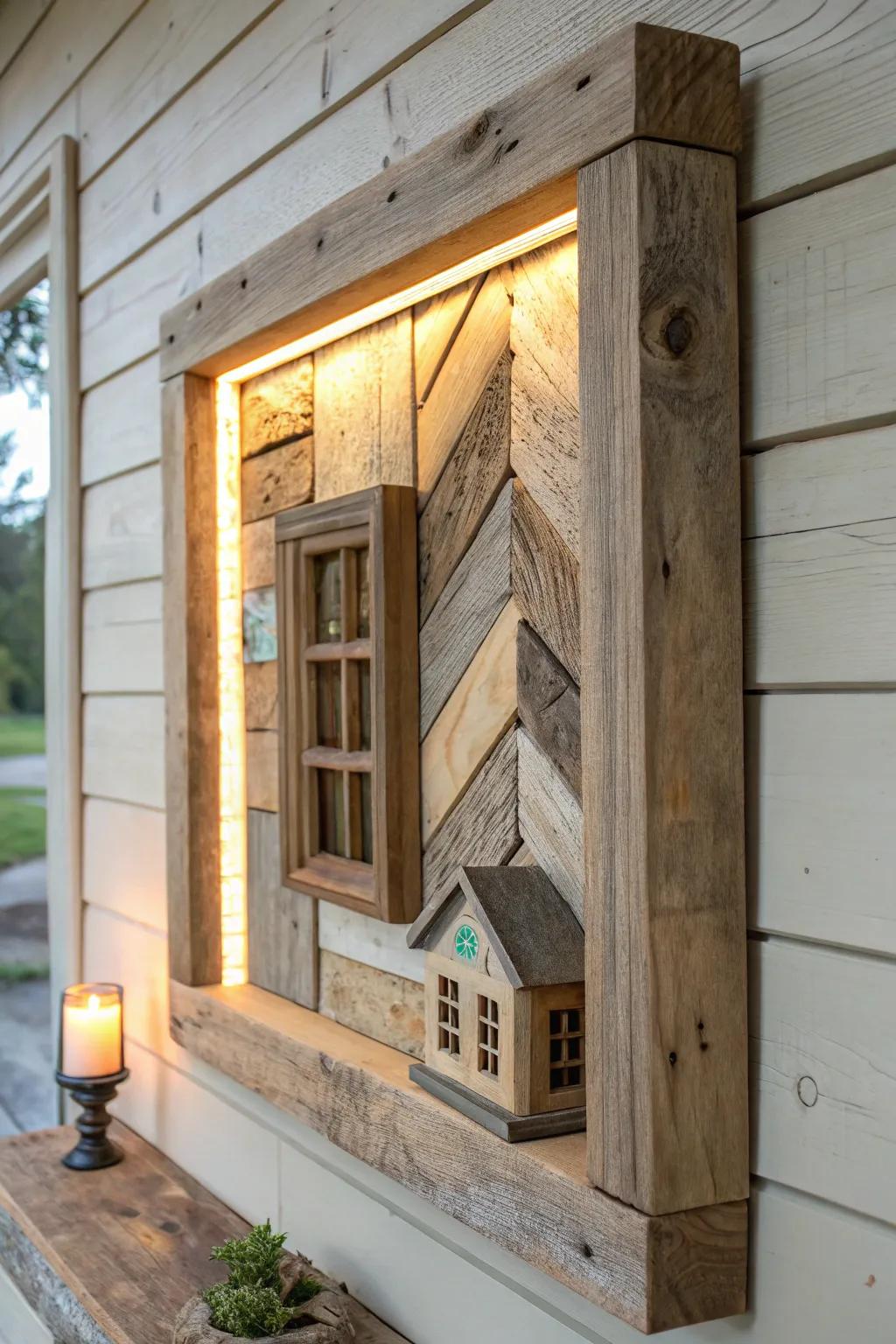 Layered salvage + hidden glow: a farmhouse collage that looks like a custom built‑in.