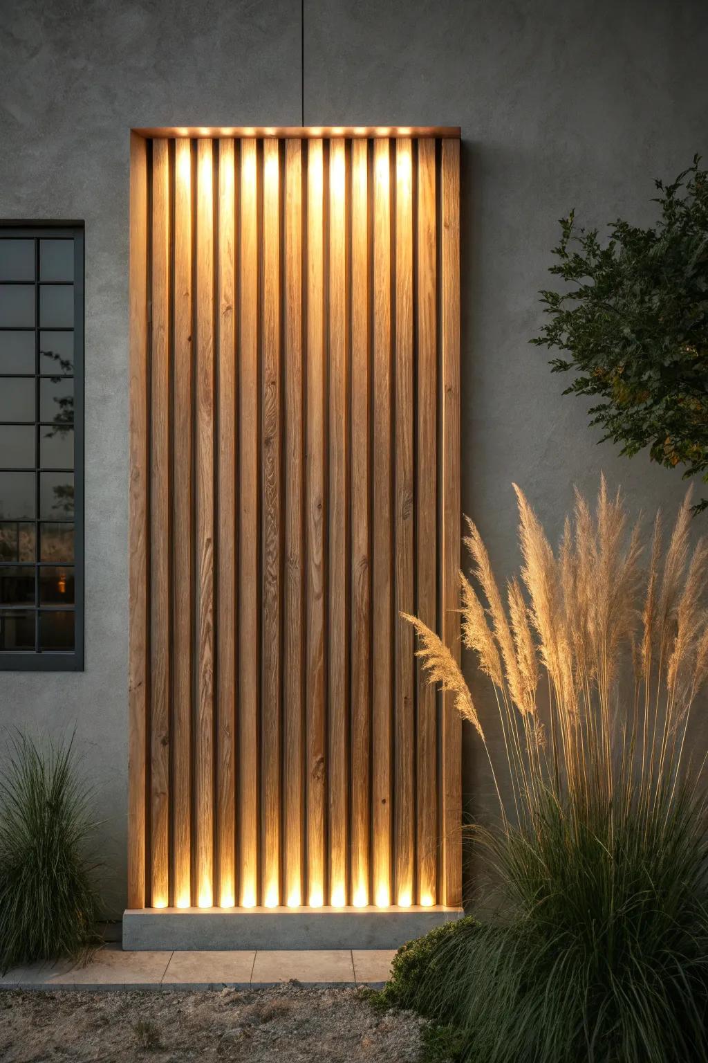 Boutique-hotel glow: backlit faux wood slats that make the grain shine after dark.
