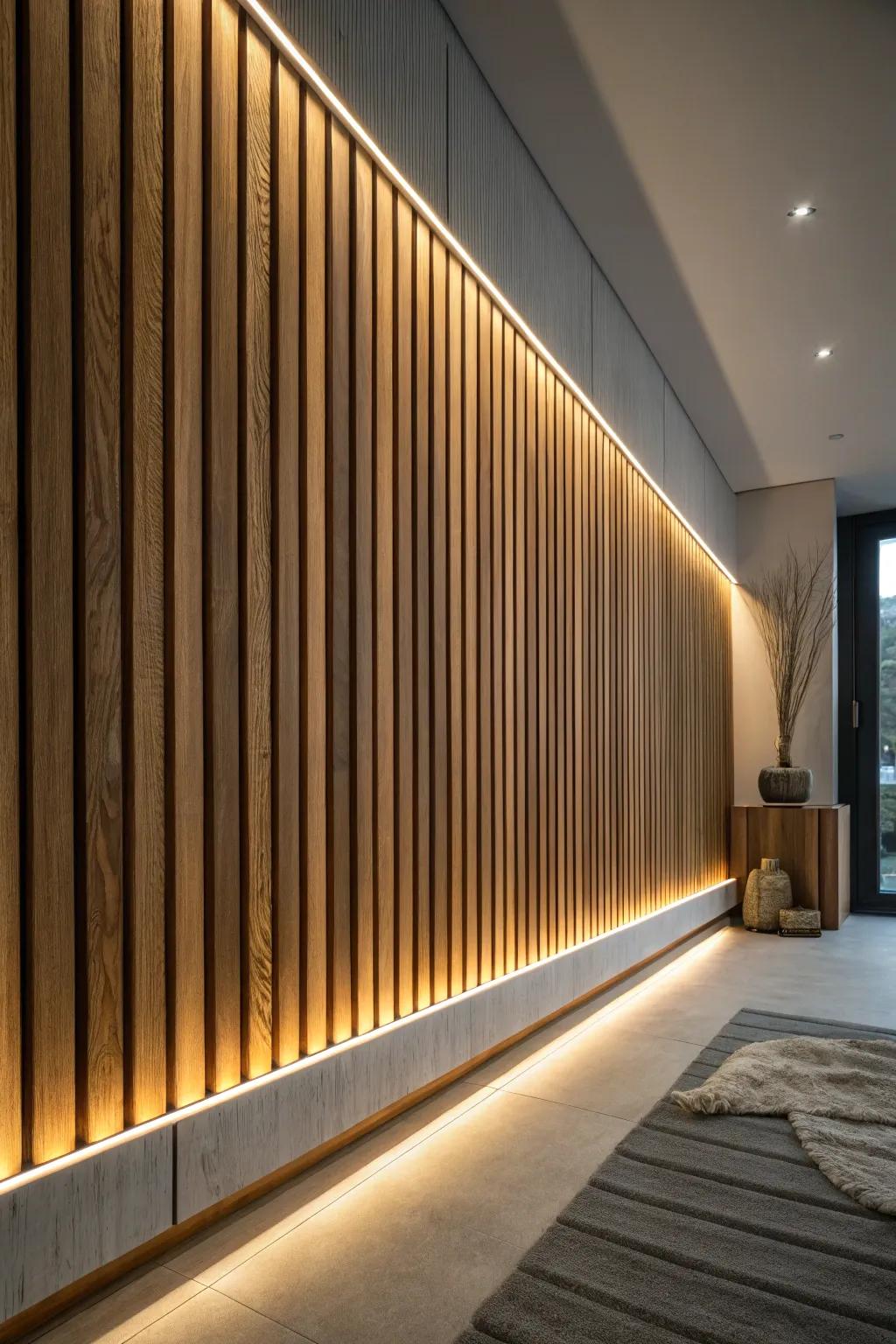 Backlit oak slats create a calming nighttime glow—minimal, bold contrast, and beautifully crafted.