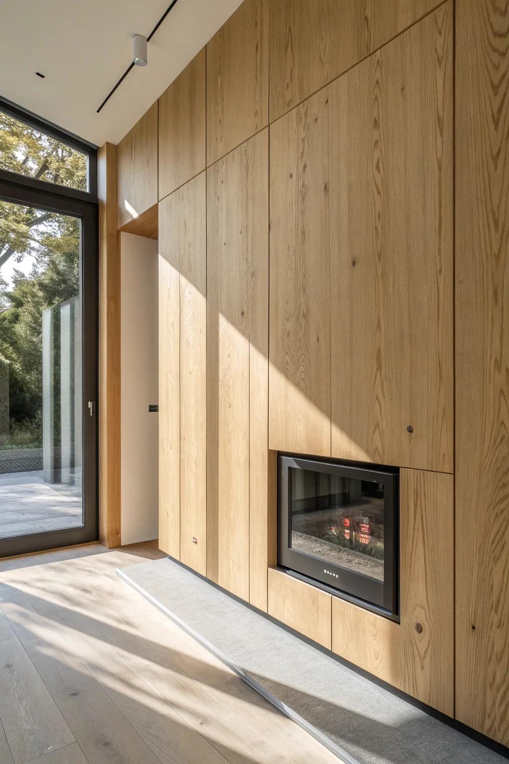 A hidden push-latch side door keeps fireplace bump-out storage sleek, calm, and clutter-free.