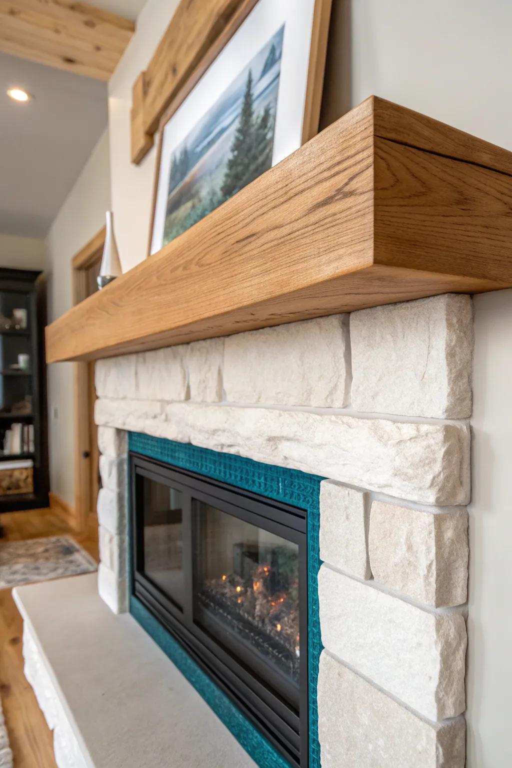 A slim teal resin “river” inlay turns a simple oak mantel into functional art.