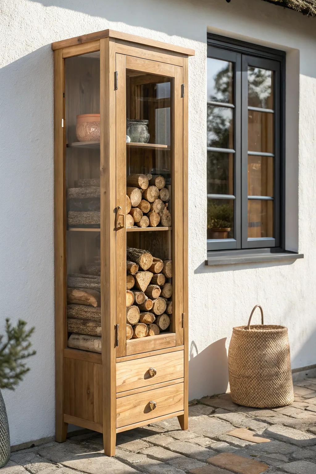 A glass-front cabinet turns neatly stacked firewood into warm, minimalist living-room art.